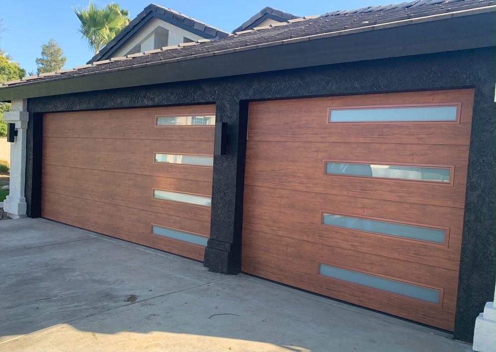Matching wood-grain double door installation
